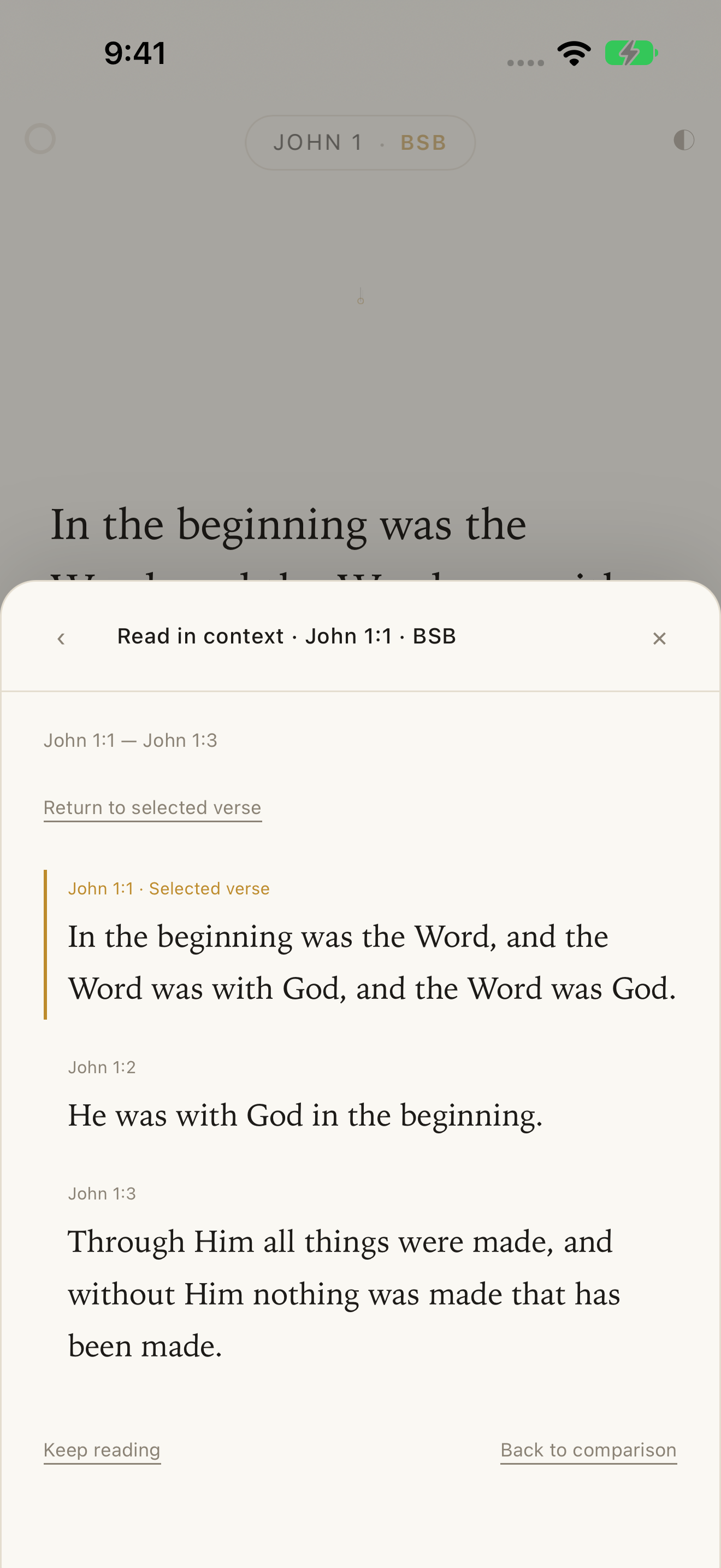 Read in context shows John 1:1 through John 1:3, with a link back to the comparison